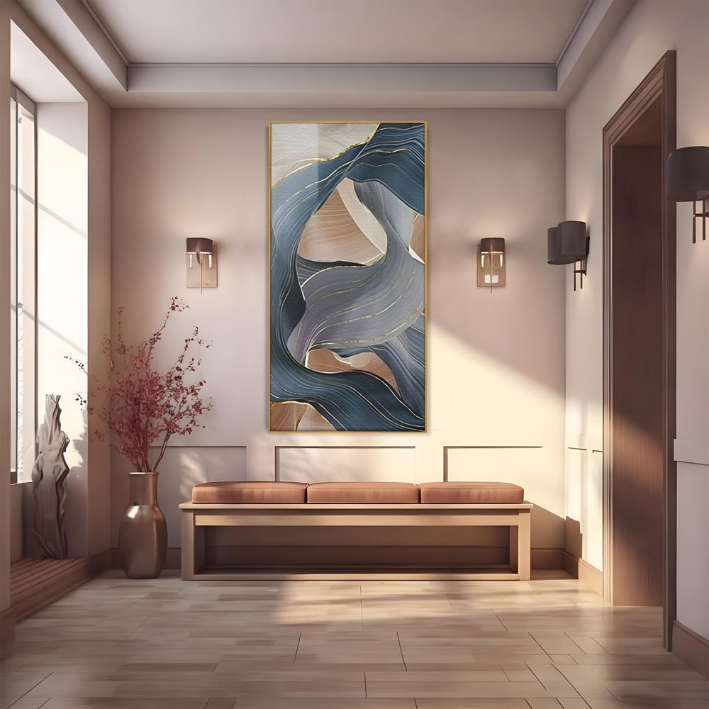 Tablou canvas cu pictura abstracta cu valuri ondulate, in rama de aluminiu auriu